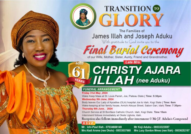 Late Principal , FGC Jos, Mrs Christy Ajara Illah(Nee Aduku) , Funeral Rites Begins May 31.
