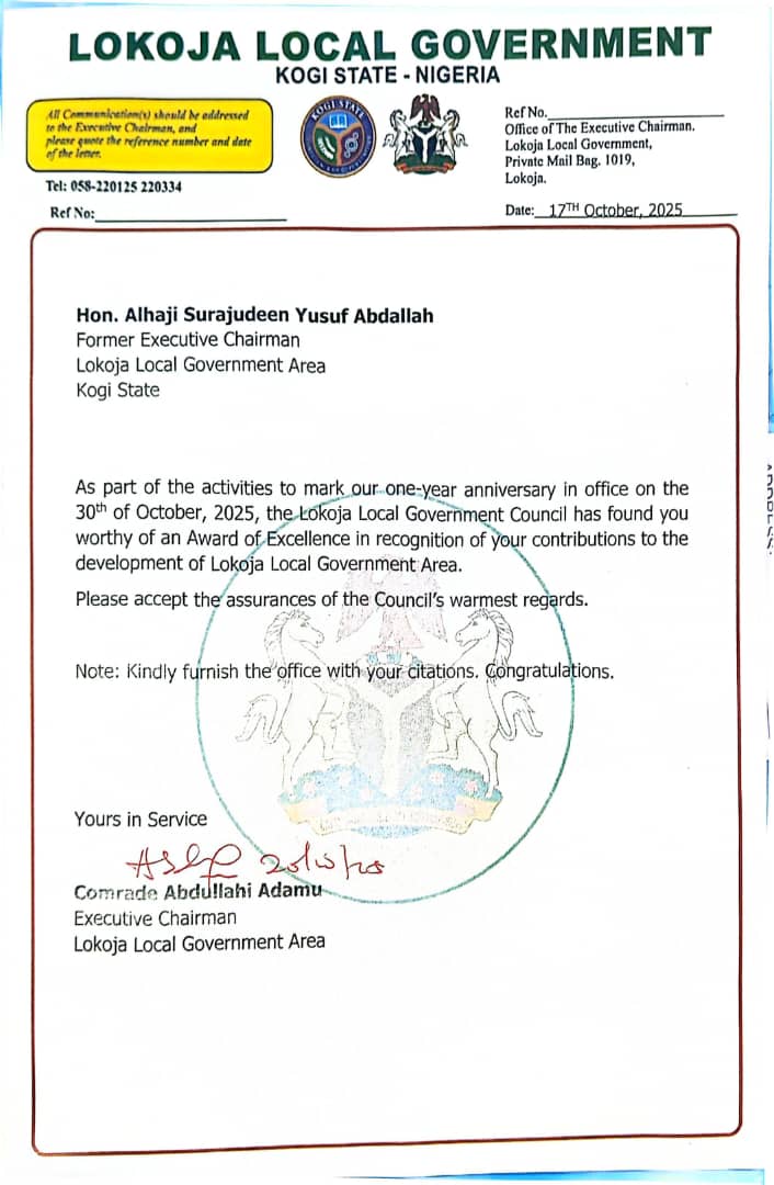 One Year Anniversary; Lokoja Local Government Set to Honor Ex Chairman , Surajudeen Yusuf Abadallah, October 30.